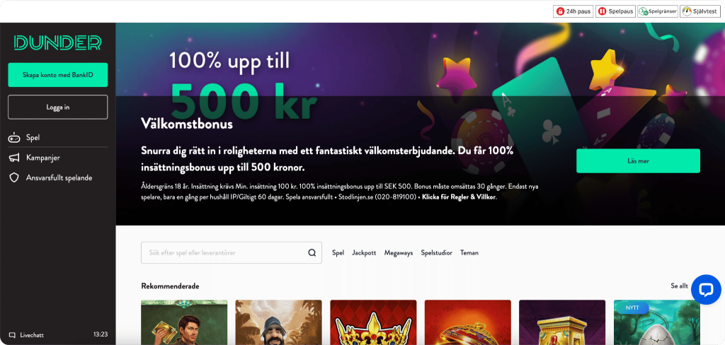 Dunder Casino Startsida