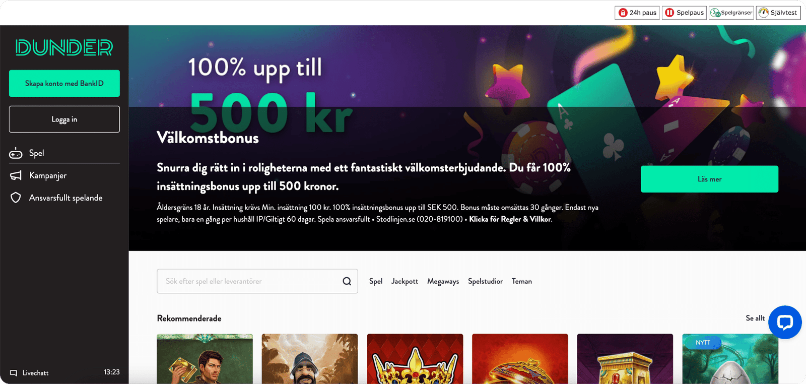 Dunder Casino Startsida