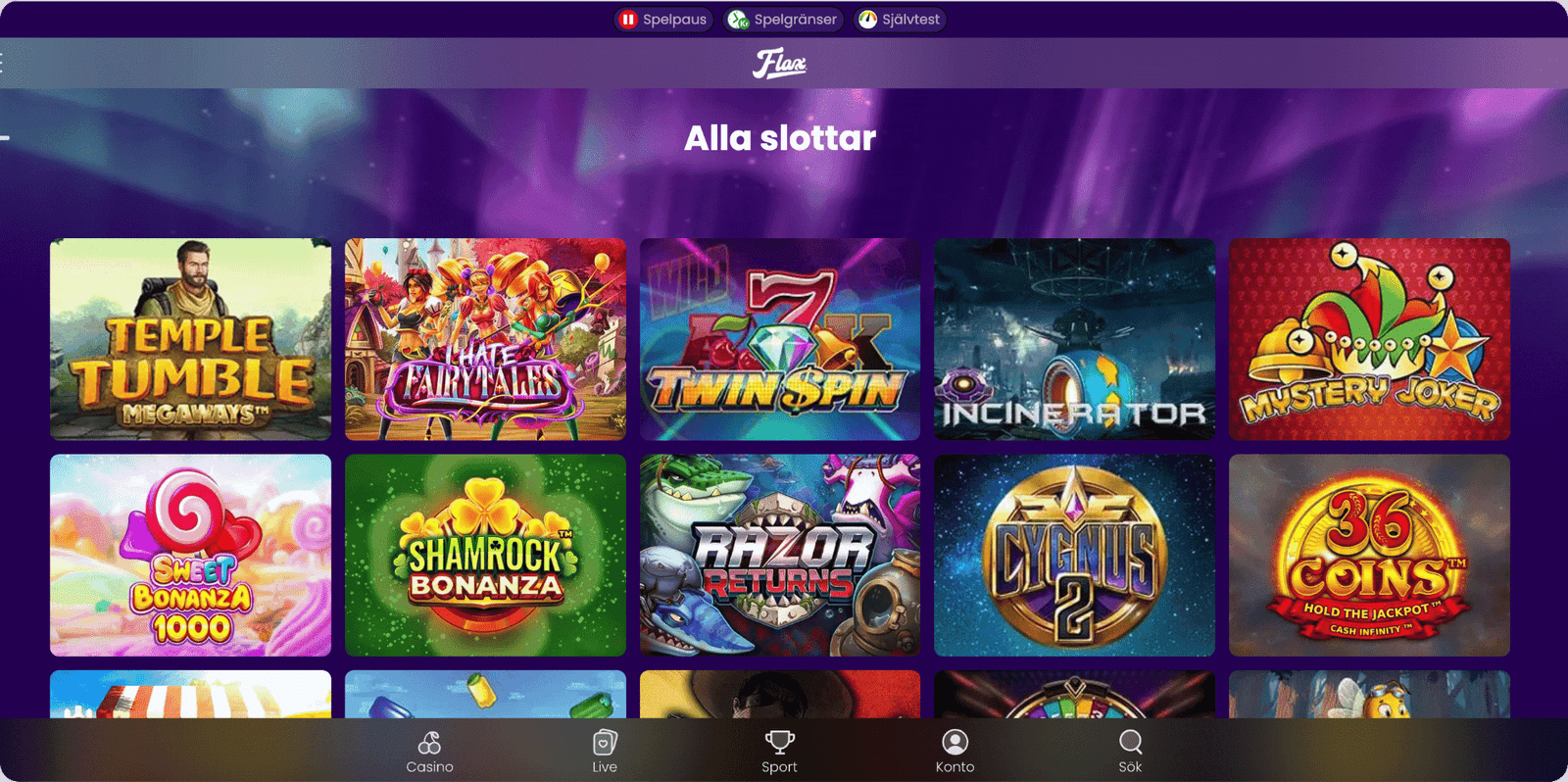 Flax Casino Spelutbud