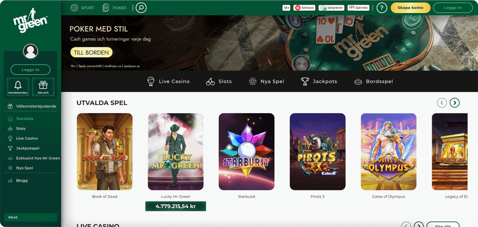 Mr Green Casino Startsida
