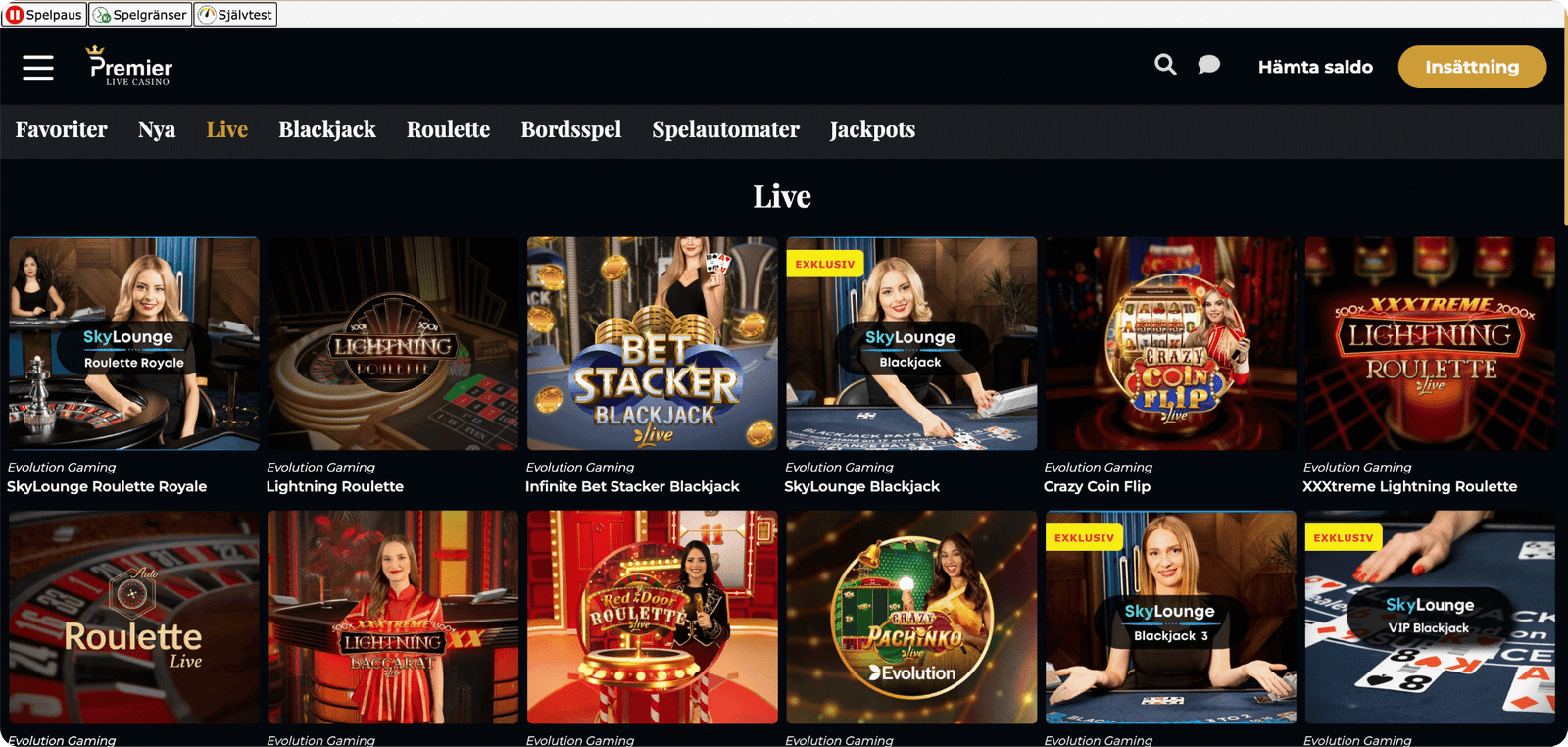 Premier Live Casino utbud