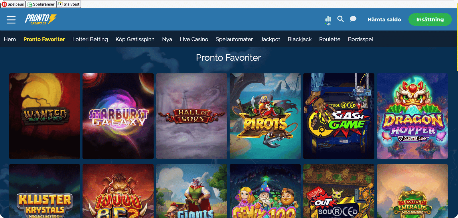 Pronto Casino utbud
