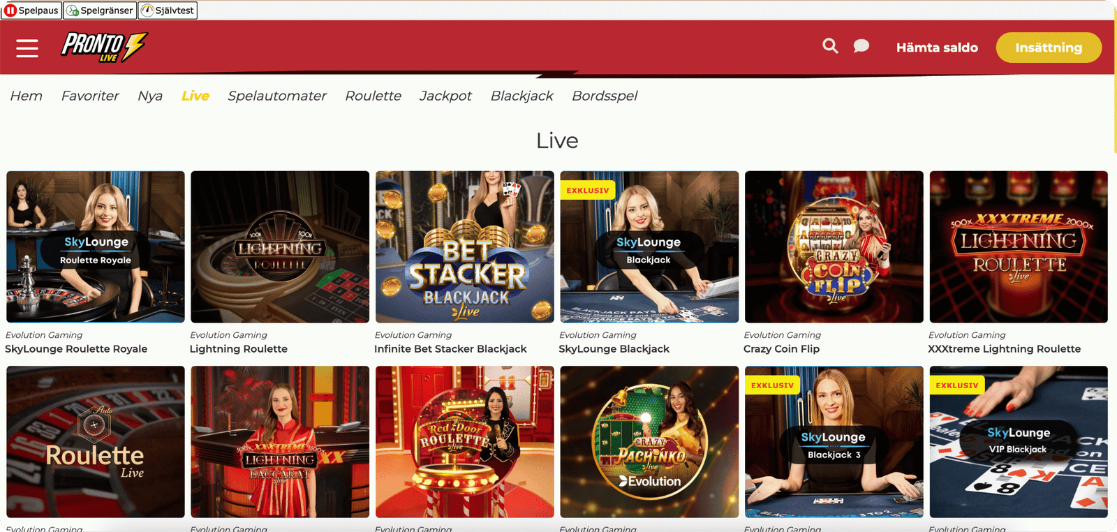 Pronto Live Casino utbud